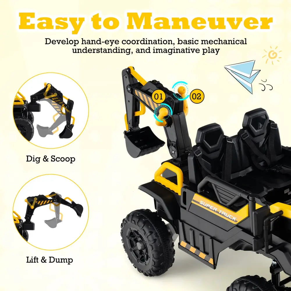 24V Ride On Excavator 4WD 2-Seater with Remote Control and Digging Arm-Yellow - Yellow - Powered Ride On Toys