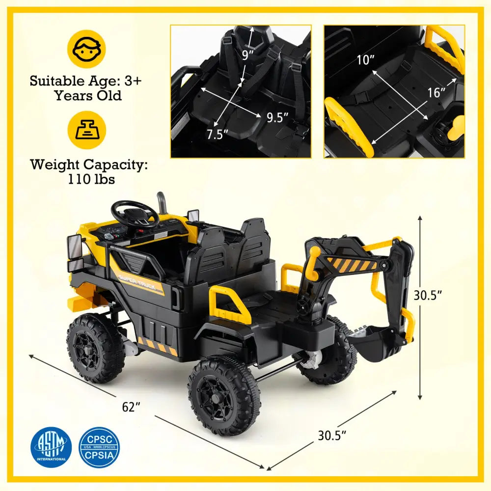 24V Ride On Excavator 4WD 2-Seater with Remote Control and Digging Arm-Yellow - Yellow - Powered Ride On Toys