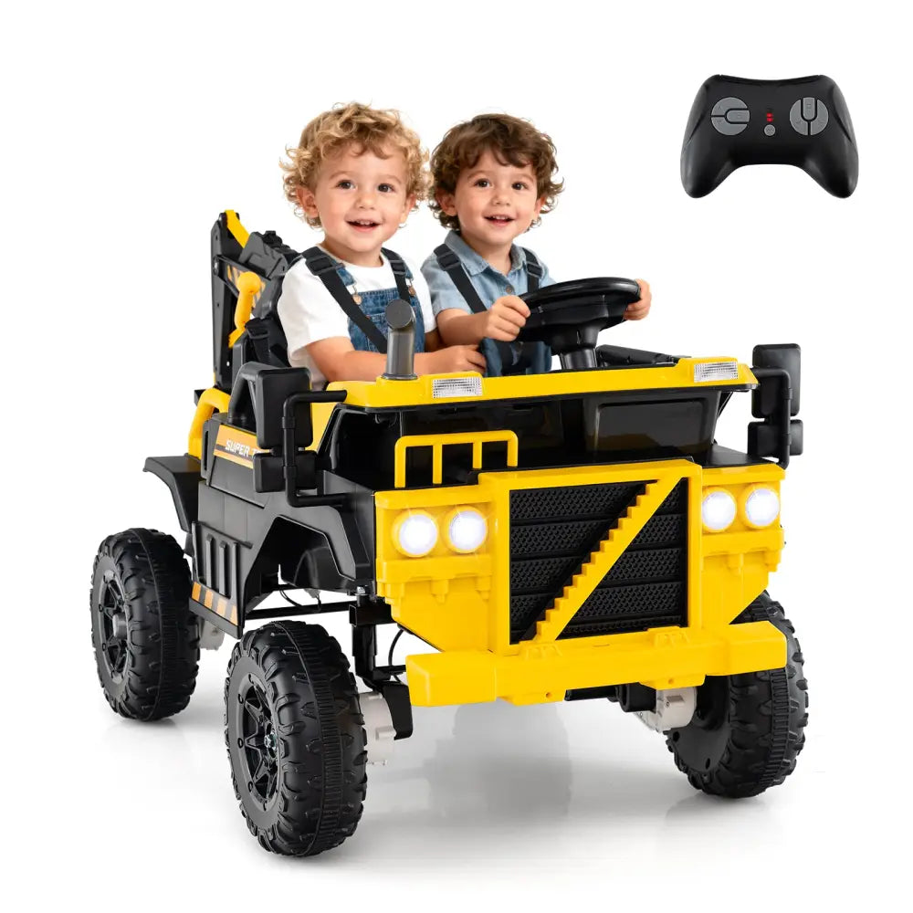 24V Ride On Excavator 4WD 2-Seater with Remote Control and Digging Arm-Yellow - Yellow - Powered Ride On Toys