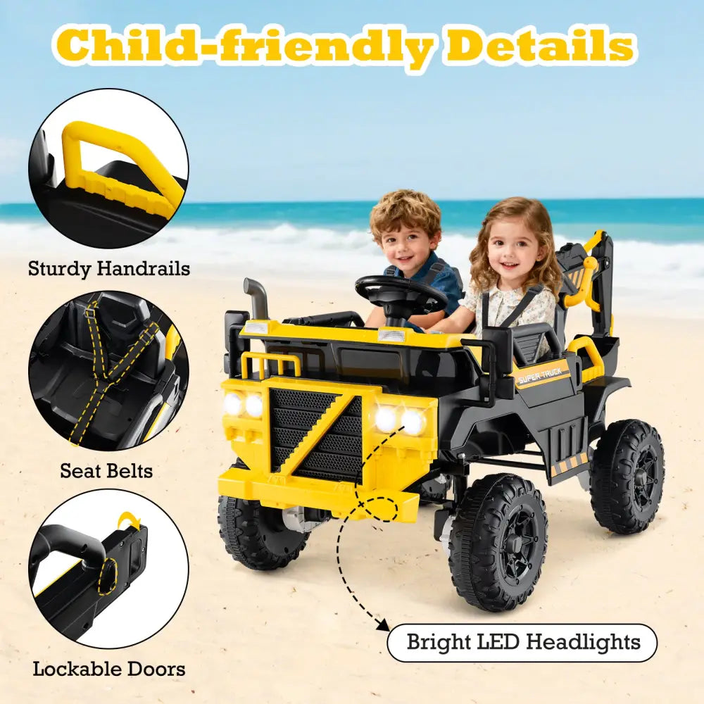 24V Ride On Excavator 4WD 2-Seater with Remote Control and Digging Arm-Yellow - Yellow - Powered Ride On Toys