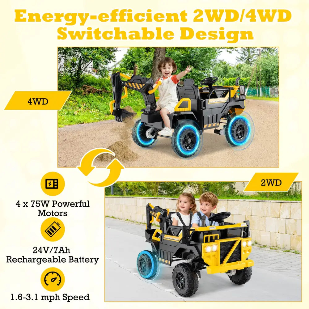 24V Ride On Excavator 4WD 2-Seater with Remote Control and Digging Arm-Yellow - Yellow - Powered Ride On Toys