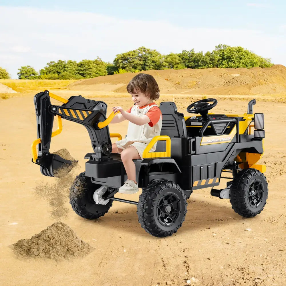24V Ride On Excavator 4WD 2-Seater with Remote Control and Digging Arm-Yellow - Yellow - Powered Ride On Toys