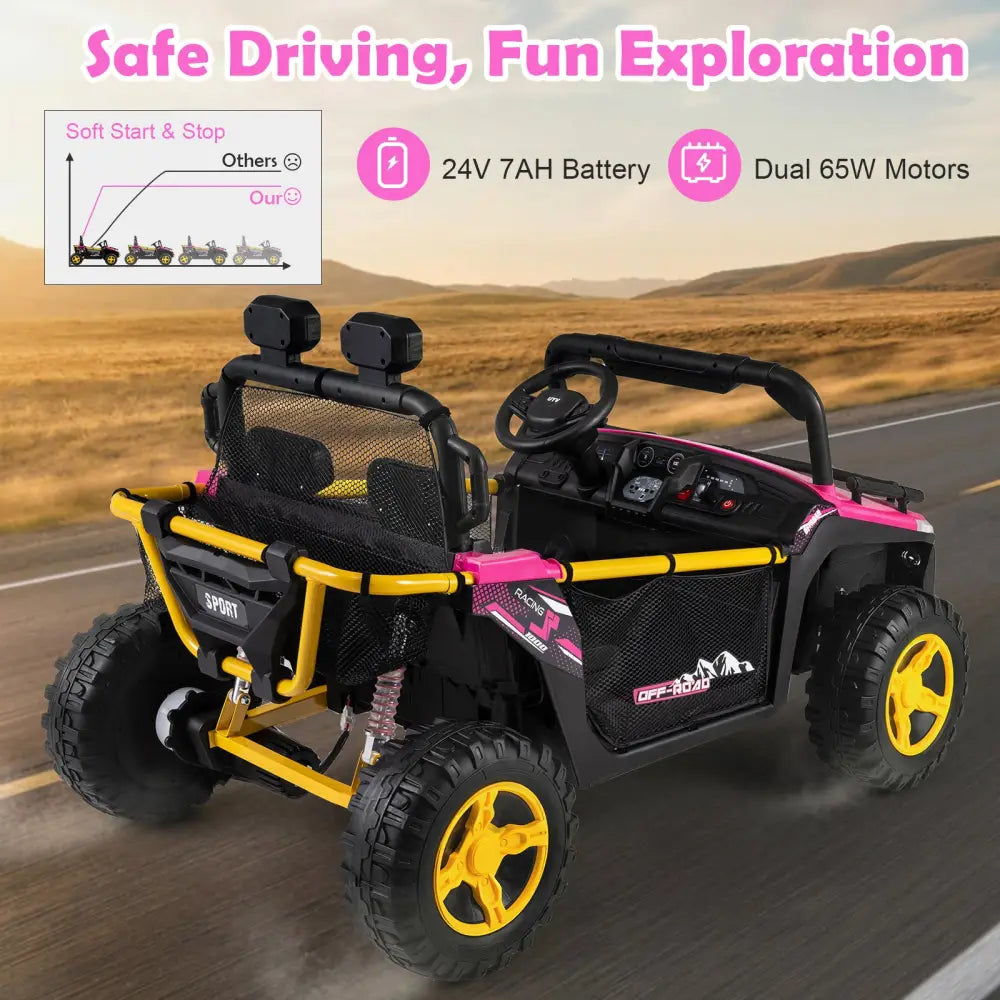 24V Ride on Toy for Kids 2 Seater Ride on Truck Car with Horn Music Story-Pink - Pink - Powered Ride On Toys