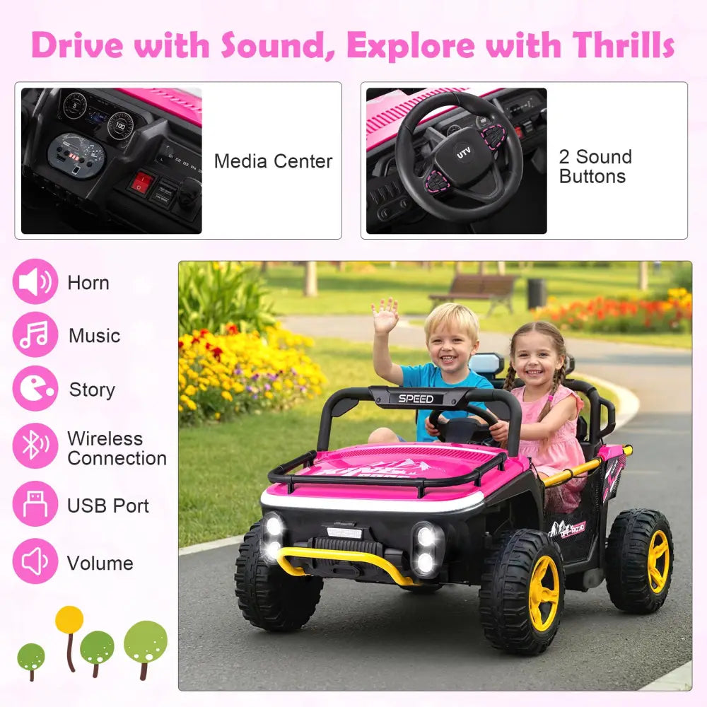 24V Ride on Toy for Kids 2 Seater Ride on Truck Car with Horn Music Story-Pink - Pink - Powered Ride On Toys