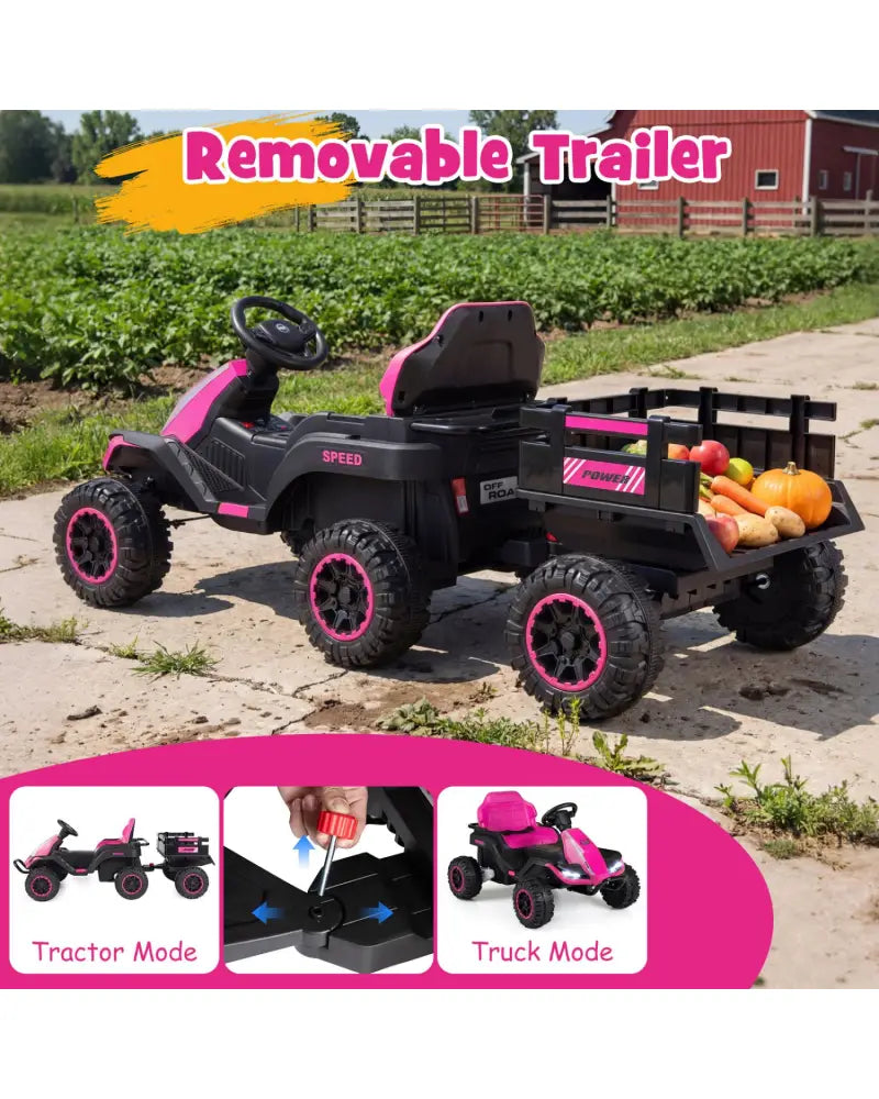 24V Ride on Tractor with Detachable Trailer and Music for Boys Girls-Pink - Pink - Powered Ride On Toys