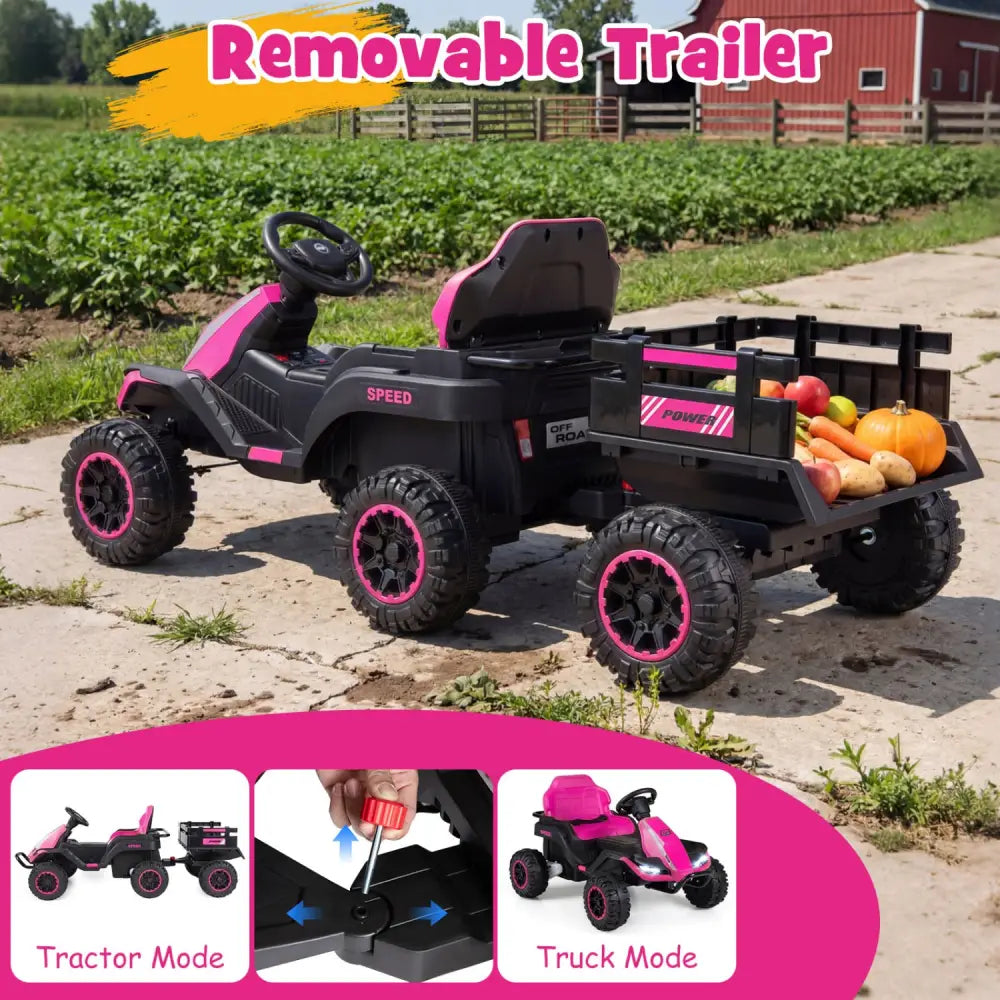 24V Ride on Tractor with Detachable Trailer and Music for Boys Girls-Pink - Pink - Powered Ride On Toys