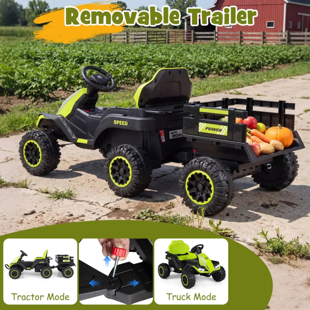 24V Ride on Tractor with Detachable Trailer and Music for Boys Girls-Green - Green - Powered Ride On Toys