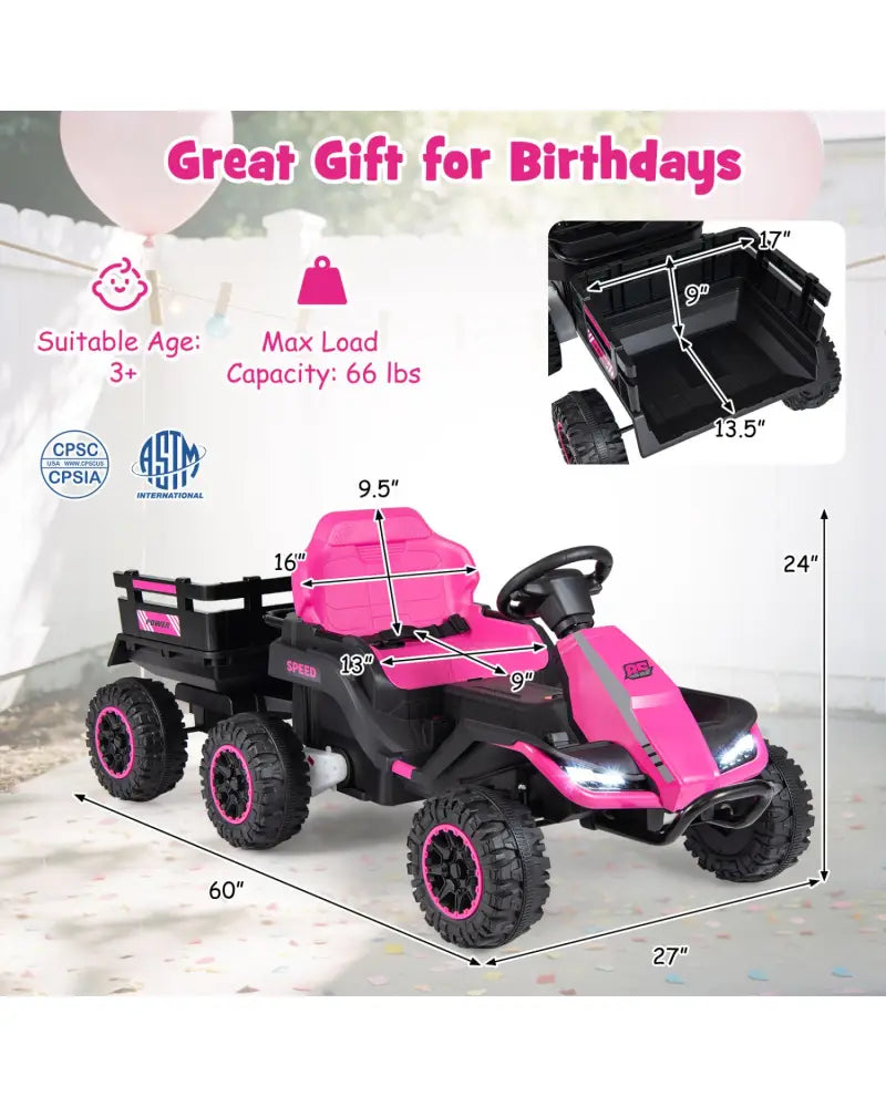 24V Ride on Tractor with Detachable Trailer and Music for Boys Girls-Pink - Pink - Powered Ride On Toys