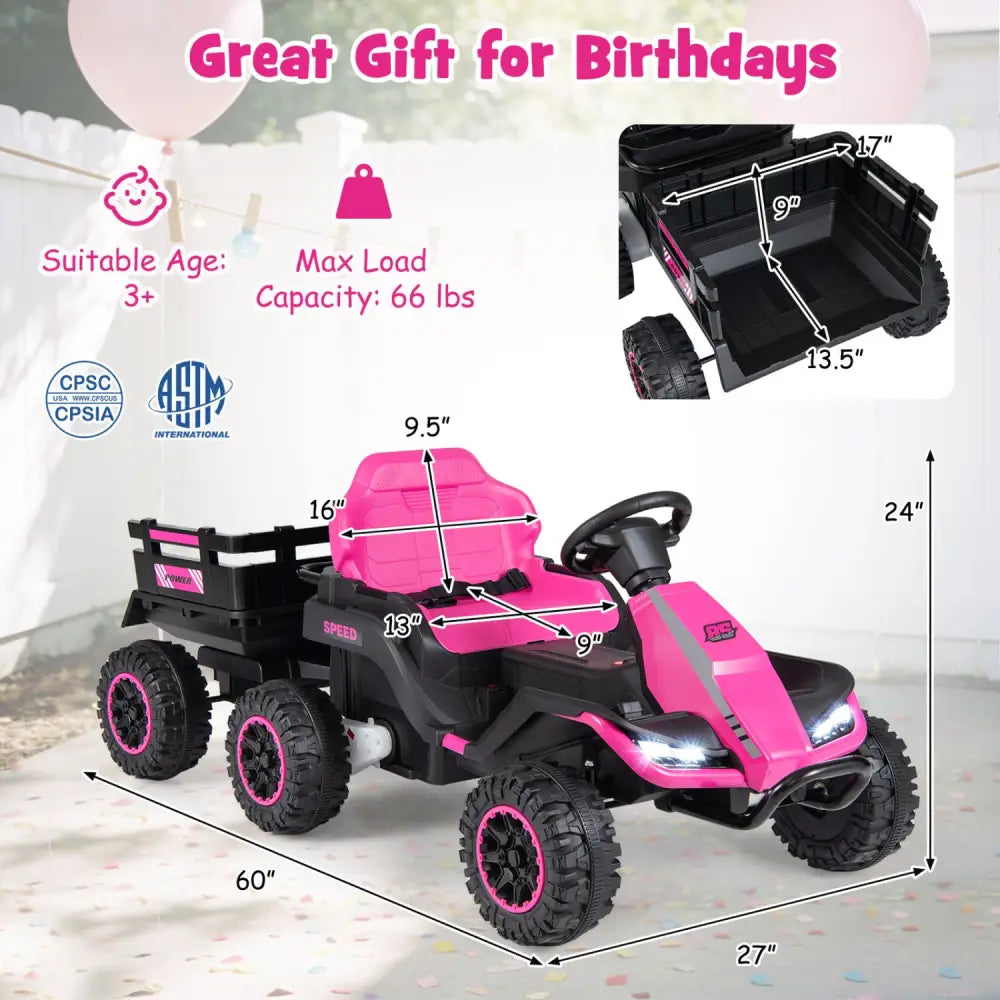 24V Ride on Tractor with Detachable Trailer and Music for Boys Girls-Pink - Pink - Powered Ride On Toys