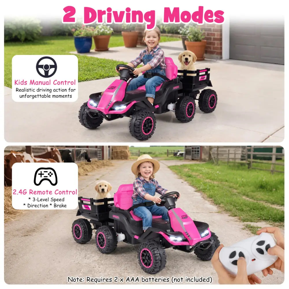 24V Ride on Tractor with Detachable Trailer and Music for Boys Girls-Pink - Pink - Powered Ride On Toys