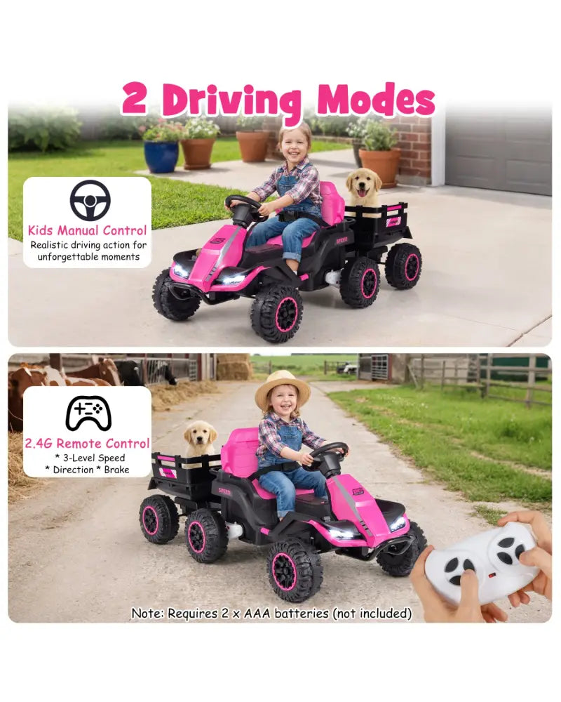 24V Ride on Tractor with Detachable Trailer and Music for Boys Girls-Pink - Pink - Powered Ride On Toys