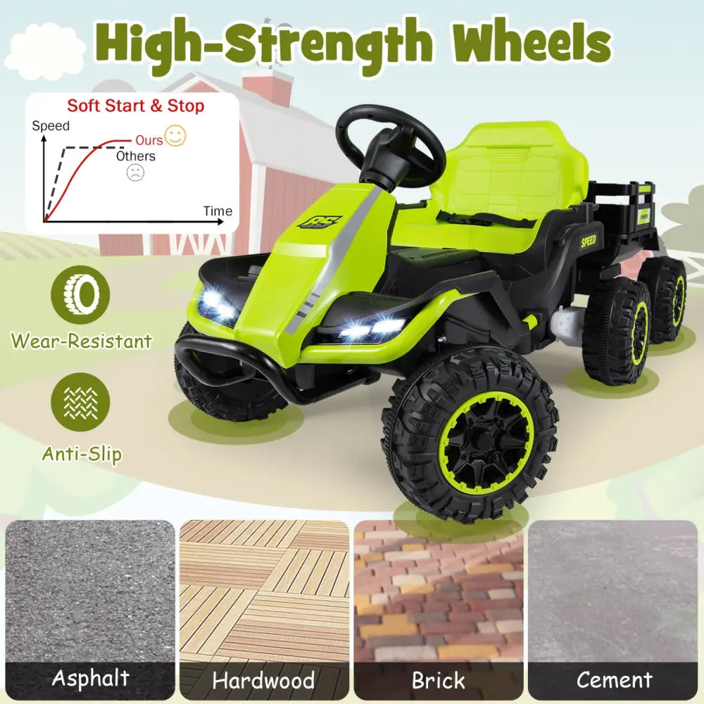 24V Ride on Tractor with Detachable Trailer and Music for Boys Girls-Green - Green - Powered Ride On Toys