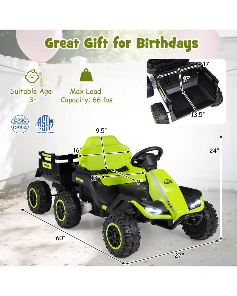 24V Ride on Tractor with Detachable Trailer and Music for Boys Girls-Green - Green - Powered Ride On Toys