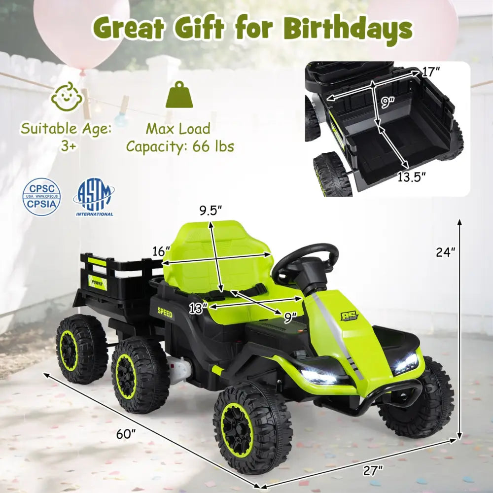 24V Ride on Tractor with Detachable Trailer and Music for Boys Girls-Green - Green - Powered Ride On Toys