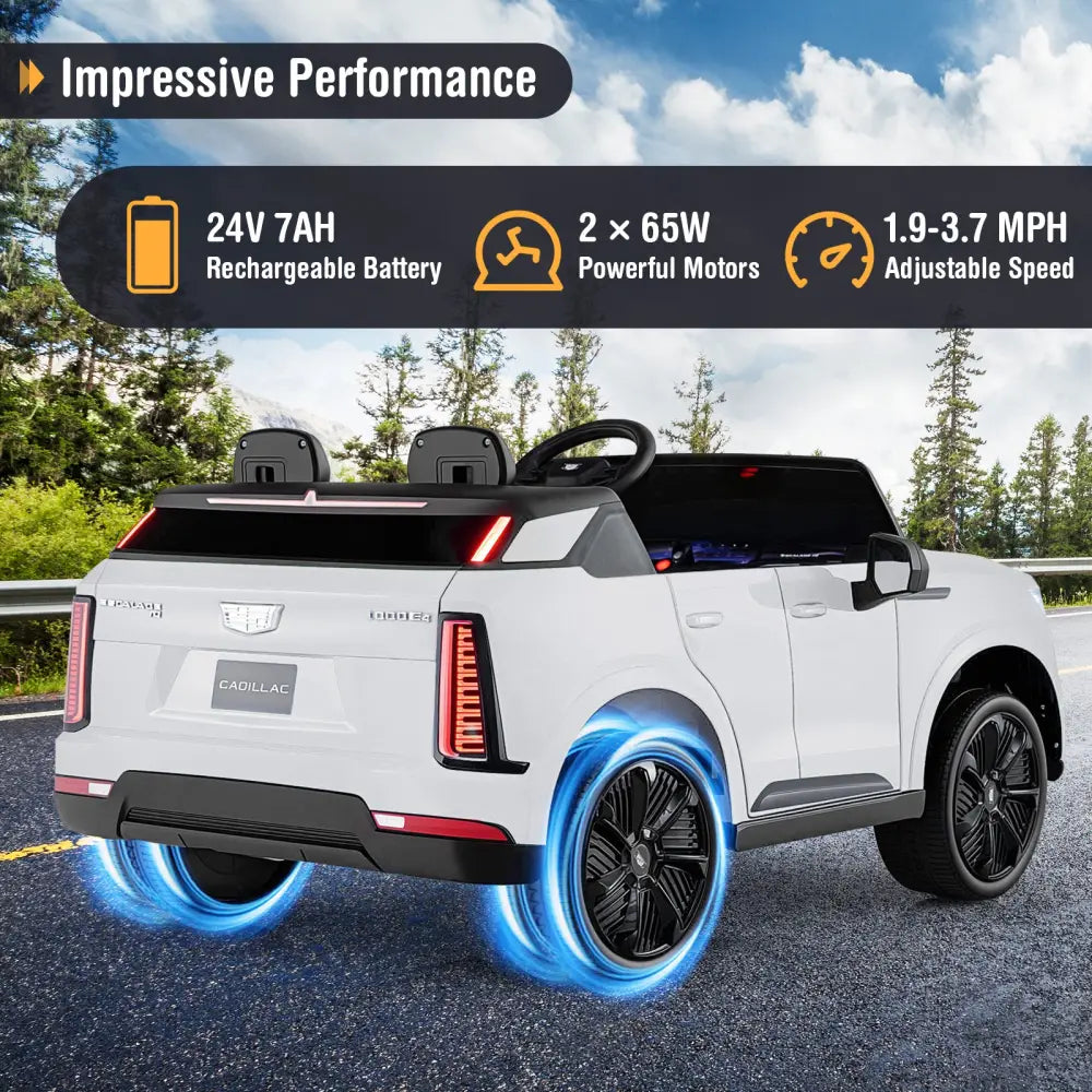 24V Ride on Truck 2-Seater Licensed Cadillac with Remote Control-White - White - Powered Ride On Toys