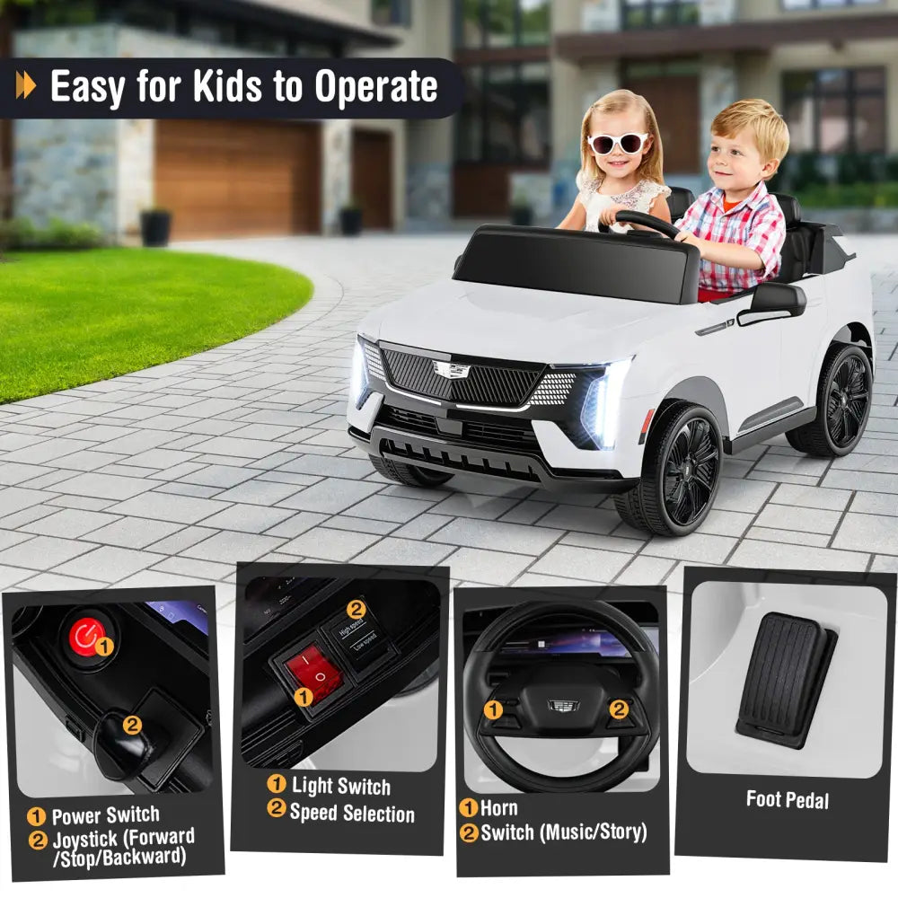 24V Ride on Truck 2-Seater Licensed Cadillac with Remote Control-White - White - Powered Ride On Toys