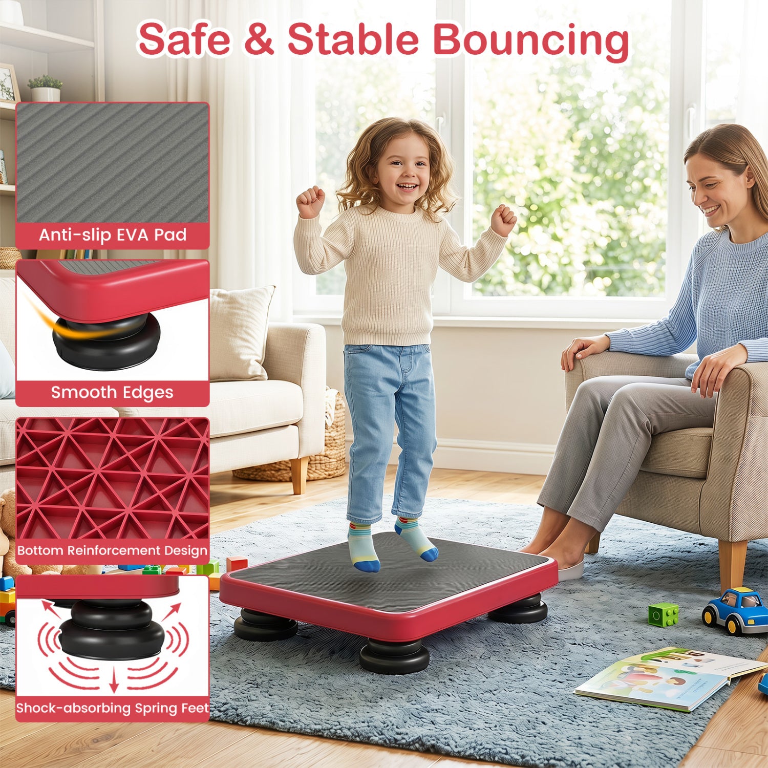 24x20" Kids Rebounder Bouncing Board with Elastic Rope for Ages 3+-Red