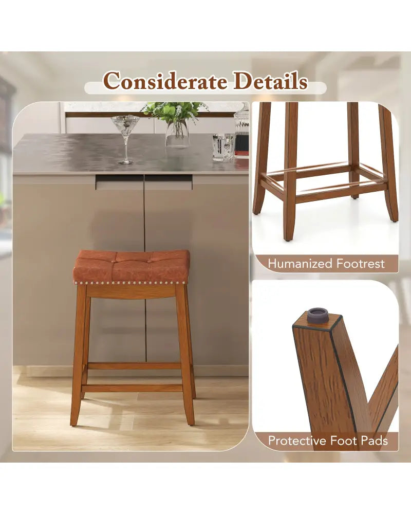 25/29 Inch Set of 2 Upholstered PU Leather Bar Stools with Saddle Seat-25 inches - Brown - Bar Stools