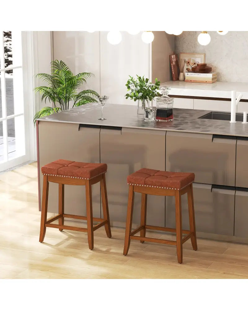 25/29 Inch Set of 2 Upholstered PU Leather Bar Stools with Saddle Seat-25 inches - Brown - Bar Stools