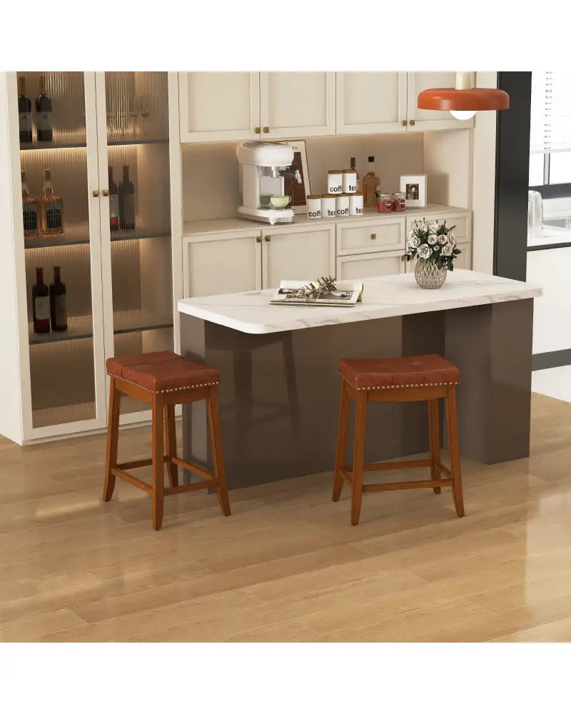 25/29 Inch Set of 2 Upholstered PU Leather Bar Stools with Saddle Seat-25 inches - Brown - Bar Stools