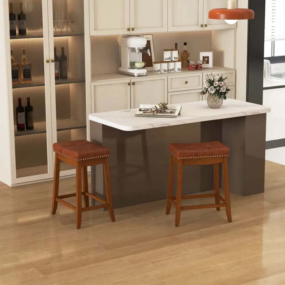 25/29 Inch Set of 2 Upholstered PU Leather Bar Stools with Saddle Seat-25 inches Costway