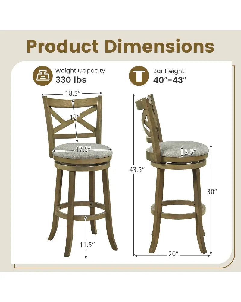 25/30 Inch Swivel Bar Stools Set of 2 with Backrests and Wood Frame-30 inches - Gray - Bar Stools