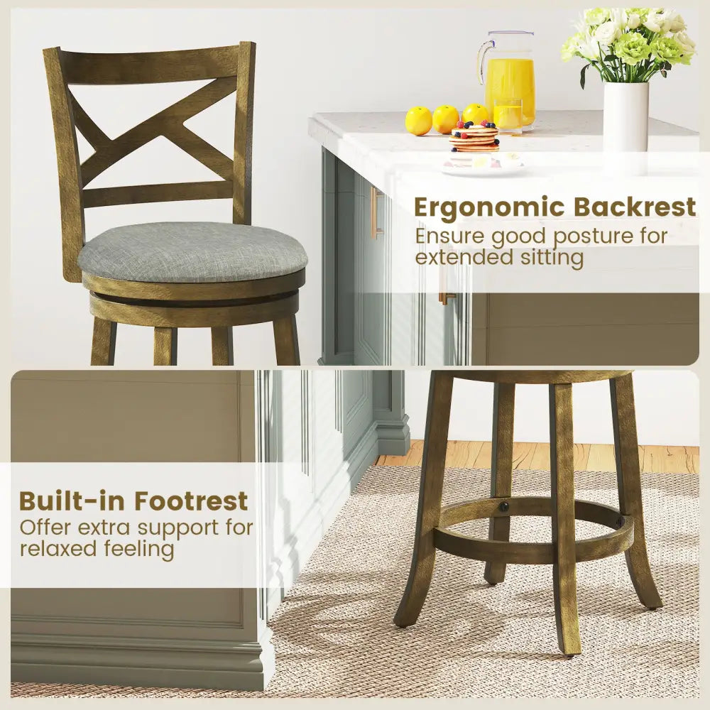 25/30 Inch Swivel Bar Stools Set of 2 with Backrests and Wood Frame-25 inches - Gray - Bar Stools