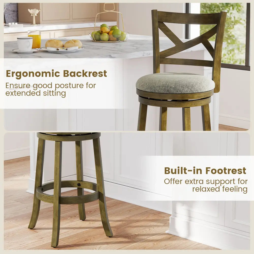 25/30 Inch Swivel Bar Stools Set of 2 with Backrests and Wood Frame-30 inches - Gray - Bar Stools