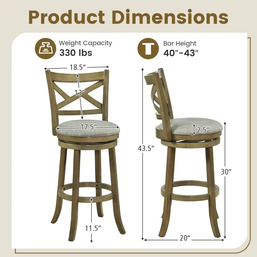 25/30 Inch Swivel Bar Stools Set of 2 with Backrests and Wood Frame-30 inches Costway