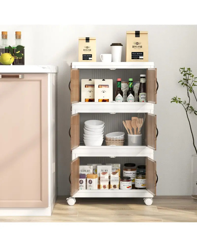 25.5/60 Gal 3-Tier Stackable Storage Boxes Bins with Magnetic Doors and Lockable Casters-S - White - Cabinets & Chests