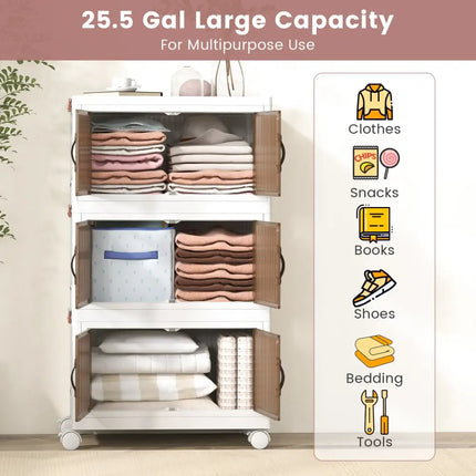 25.5/60 Gal 3-Tier Stackable Storage Boxes Bins with Magnetic Doors and Lockable Casters-S Costway