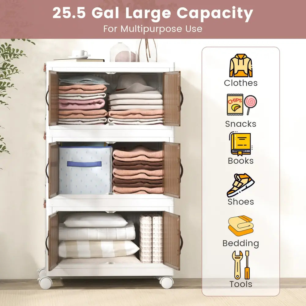 25.5/60 Gal 3-Tier Stackable Storage Boxes Bins with Magnetic Doors and Lockable Casters-S Costway