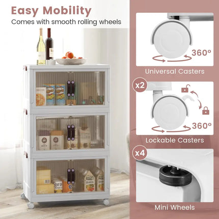 25.5/60 Gal 3-Tier Stackable Storage Boxes Bins with Magnetic Doors and Lockable Casters-M Costway