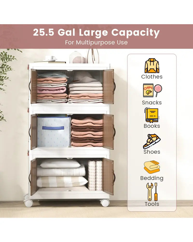 25.5/60 Gal 3-Tier Stackable Storage Boxes Bins with Magnetic Doors and Lockable Casters-S - White - Cabinets & Chests
