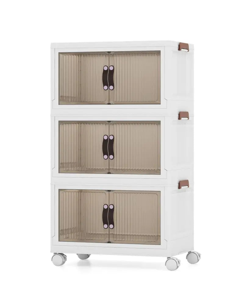 25.5/60 Gal 3-Tier Stackable Storage Boxes Bins with Magnetic Doors and Lockable Casters-S - White - Cabinets & Chests