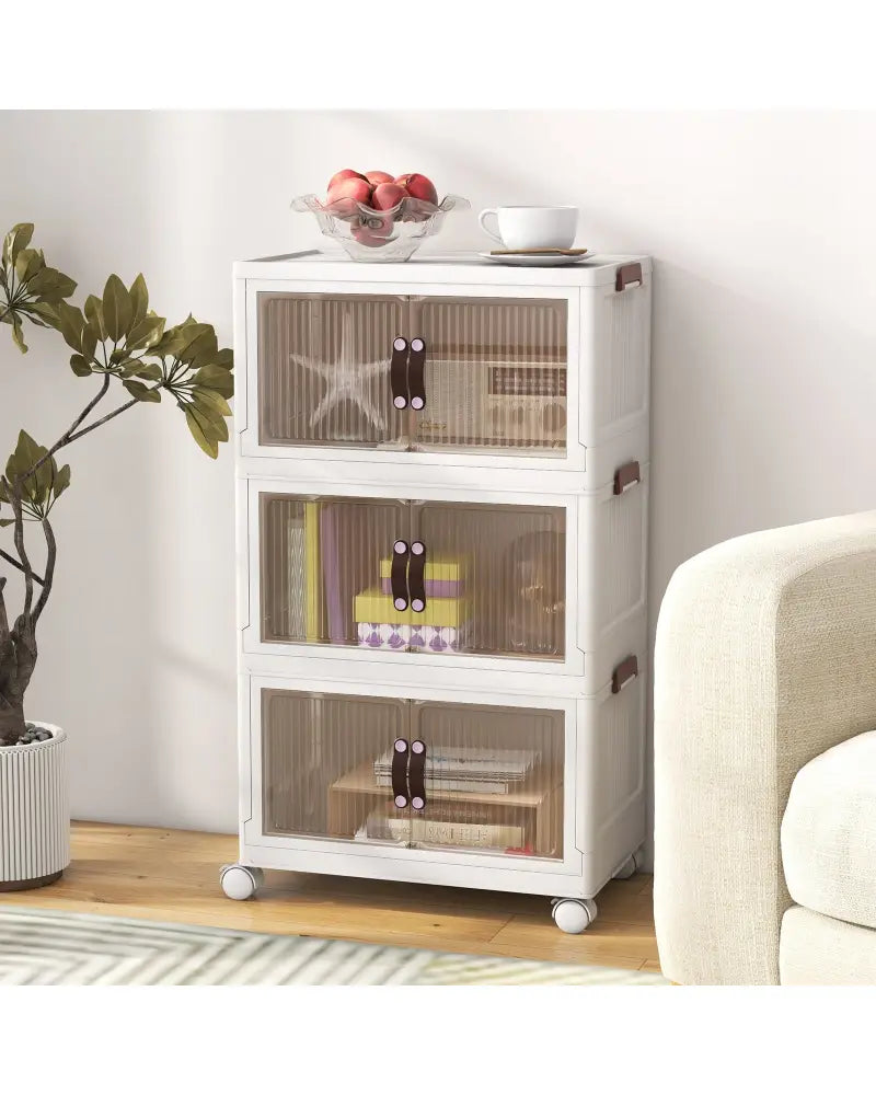 25.5/60 Gal 3-Tier Stackable Storage Boxes Bins with Magnetic Doors and Lockable Casters-S - White - Cabinets & Chests