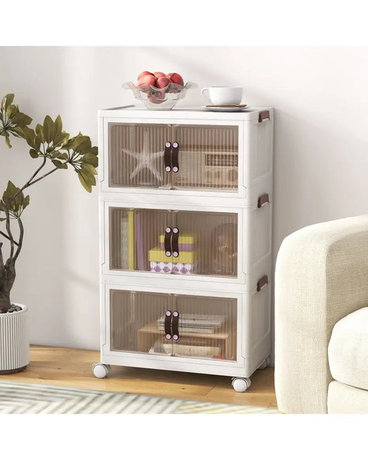25.5/60 Gal 3-Tier Stackable Storage Boxes Bins with Magnetic Doors and Lockable Casters-S - White - Cabinets & Chests