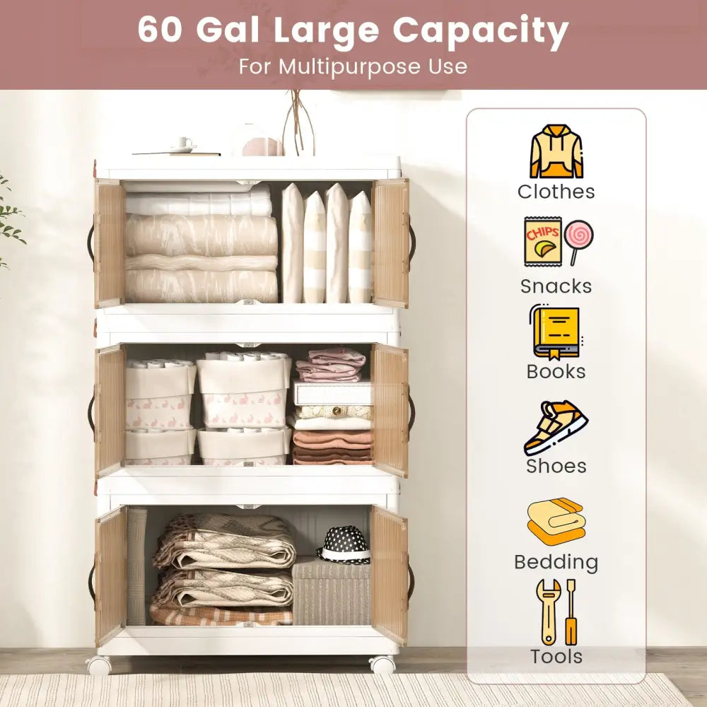 25.5/60 Gal 3-Tier Stackable Storage Boxes Bins with Magnetic Doors and Lockable Casters-M - Cabinets & Chests