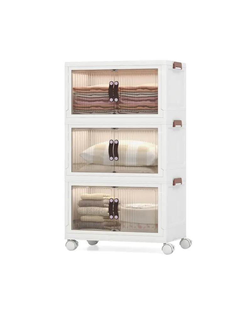 25.5/60 Gal 3-Tier Stackable Storage Boxes Bins with Magnetic Doors and Lockable Casters-S - White - Cabinets & Chests