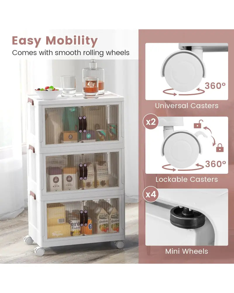25.5/60 Gal 3-Tier Stackable Storage Boxes Bins with Magnetic Doors and Lockable Casters-S - White - Cabinets & Chests