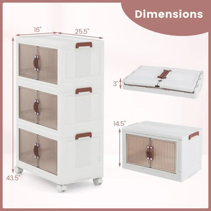 25.5/60 Gal 3-Tier Stackable Storage Boxes Bins with Magnetic Doors and Lockable Casters-M Costway