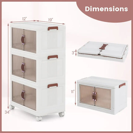 25.5/60 Gal 3-Tier Stackable Storage Boxes Bins with Magnetic Doors and Lockable Casters-S Costway