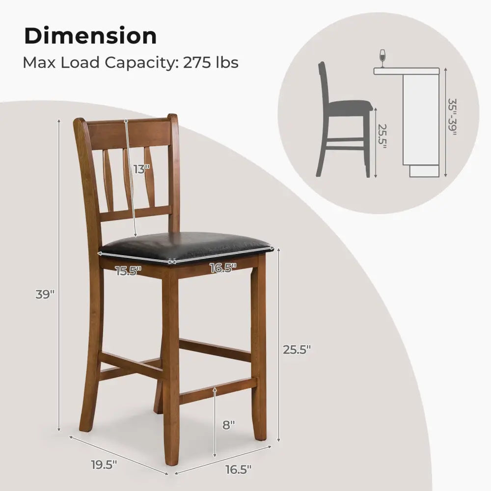 25.5 Inch Counter Height Bar Chair Set of 2 with Backrest Padded Seat-Walnut - Walnut - Dining Chairs