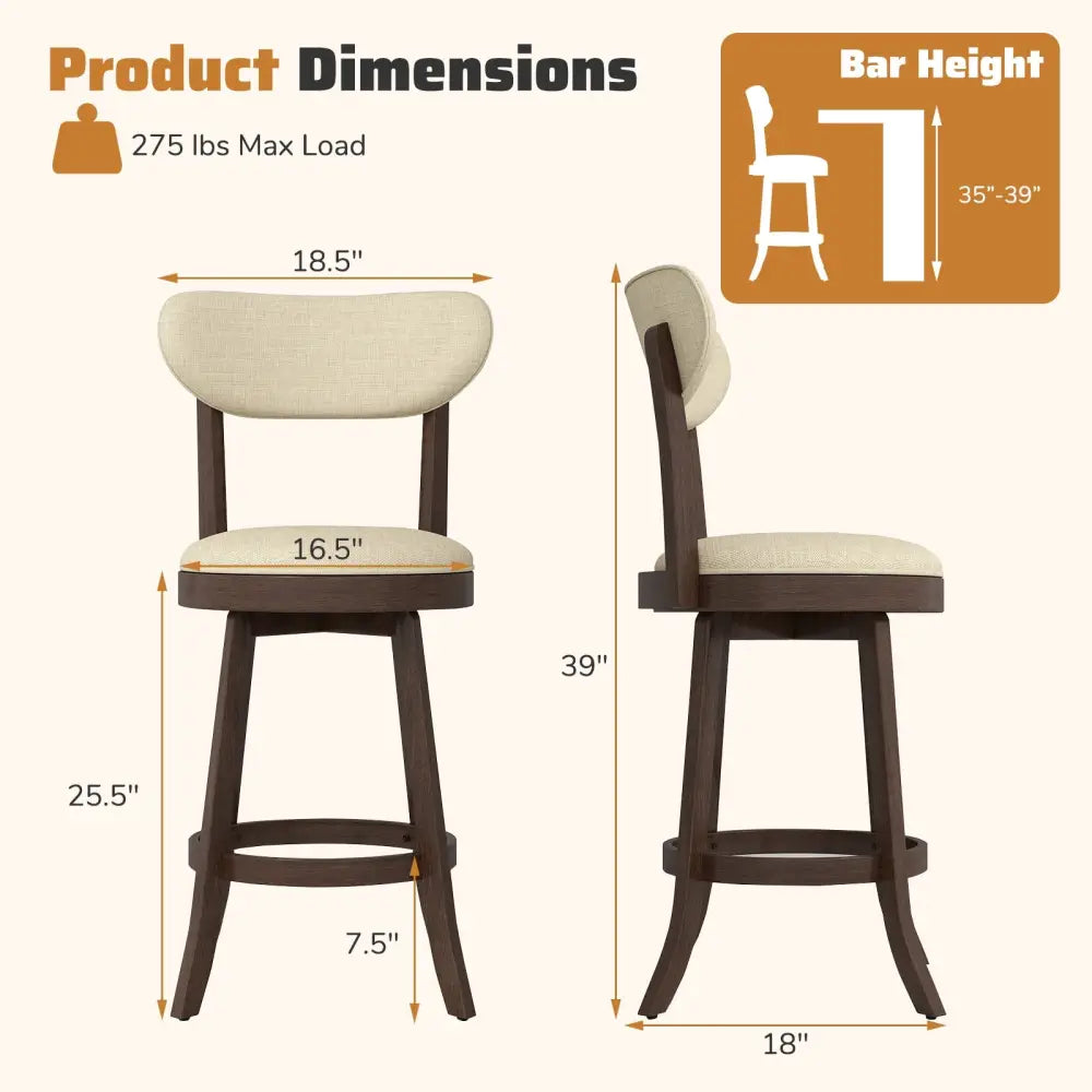 25.5 Inch Counter Height Chairs Set of 2 with Padded Seat and Backrest-Brown Costway