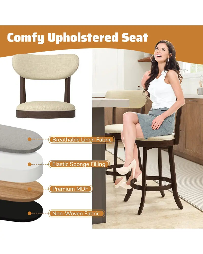 25.5 Inch Counter Height Chairs Set of 2 with Padded Seat and Backrest-Brown - Brown - Bar Stools