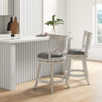 25.5 Inch Hand-Antiqued Stool Set of 2 with Wider Padded Seat-White Costway