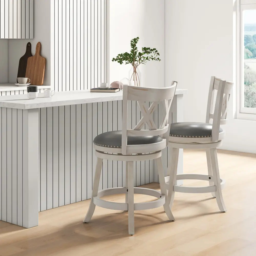 25.5 Inch Hand-Antiqued Stool Set of 2 with Wider Padded Seat-White Costway