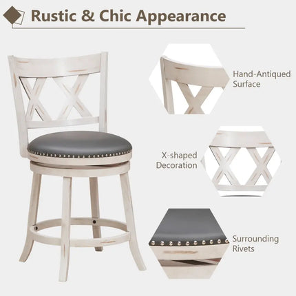 25.5 Inch Hand-Antiqued Stool Set of 2 with Wider Padded Seat-White Costway