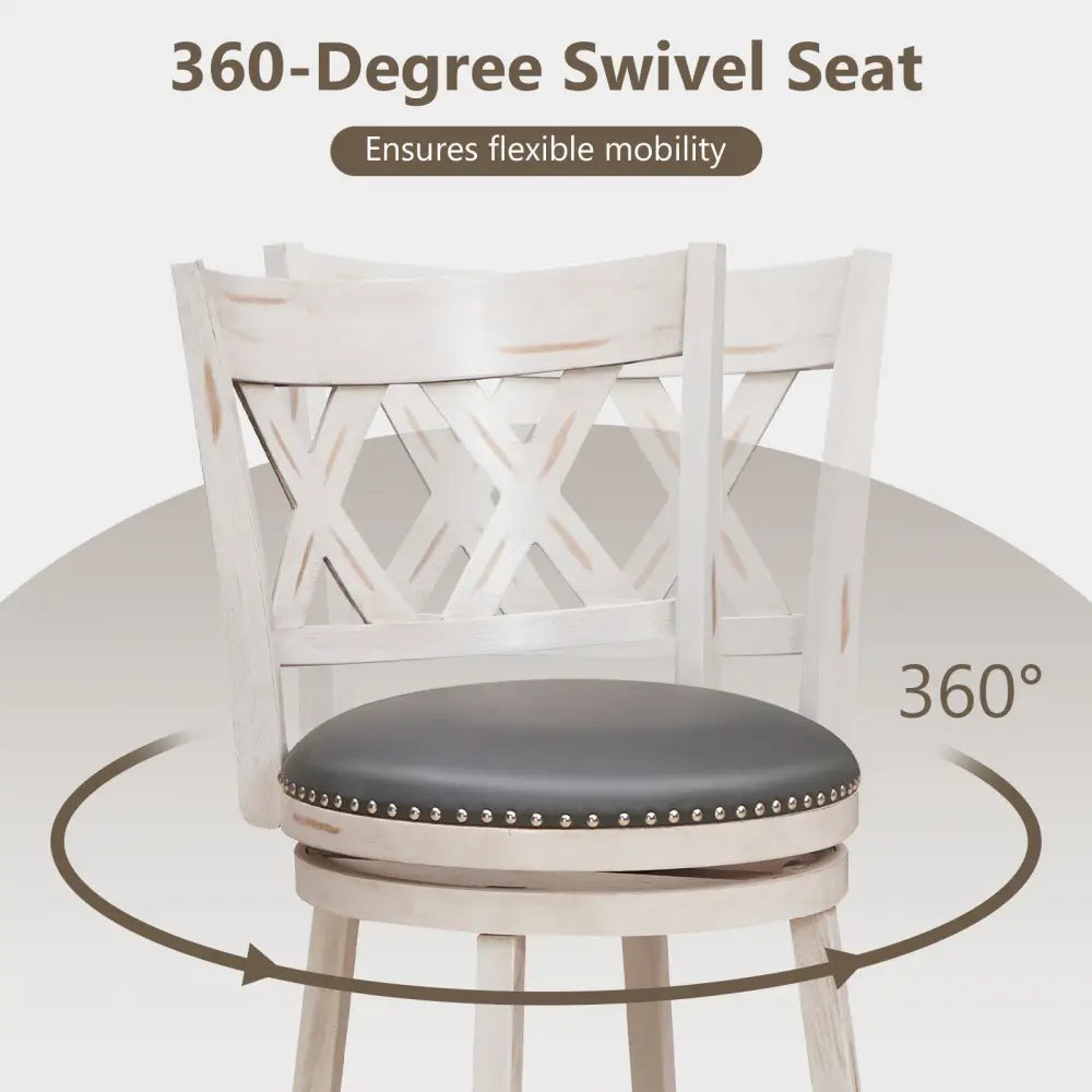 25.5 Inch Hand-Antiqued Stool Set of 2 with Wider Padded Seat-White Costway