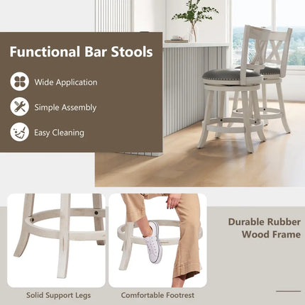 25.5 Inch Hand-Antiqued Stool Set of 2 with Wider Padded Seat-White Costway